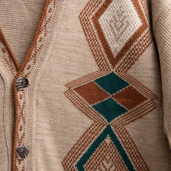 VTG Grandpa Cardigan Sweater Men L Brown Green Geometric Button Up Slouchy Aztec - Picture 3 of 5
